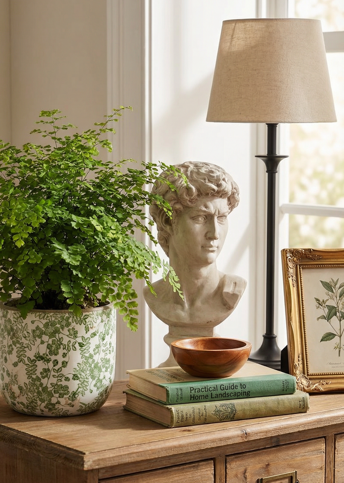 Decorative setup with a plant, bust, books, and lamp on a wooden surface.