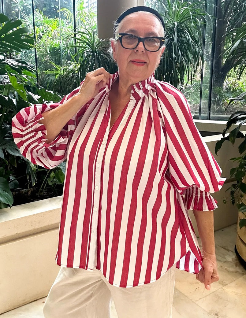 Oversized Cotton Shirt - Red Stripes