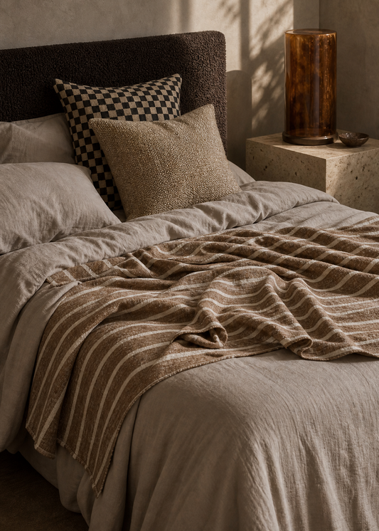 A cozy bed styled in a warm, minimalist bedroom with textured beige walls and dramatic natural light casting leaf shadows. The bed features neutral beige and brown striped bedding, a dark brown textured headboard, a black-and-beige checkered accent pillow, and a rustic amber glass lamp on a matching stone side table.