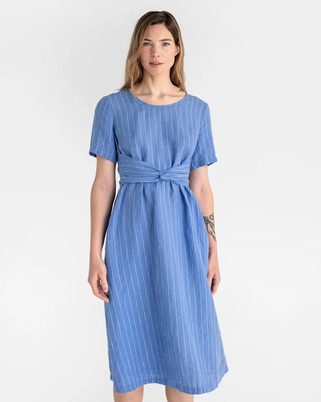 Manila Linen Dress in Blue Stripes
