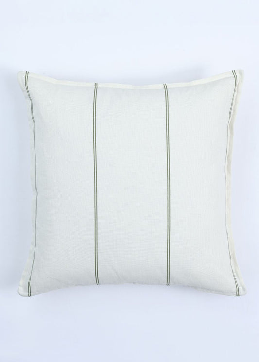 White pillow with thin green stripes on a white background