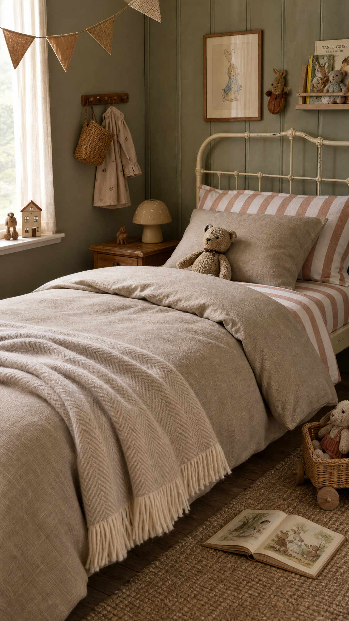 Cozy bedroom with a bed, teddy bear, and decorative items.