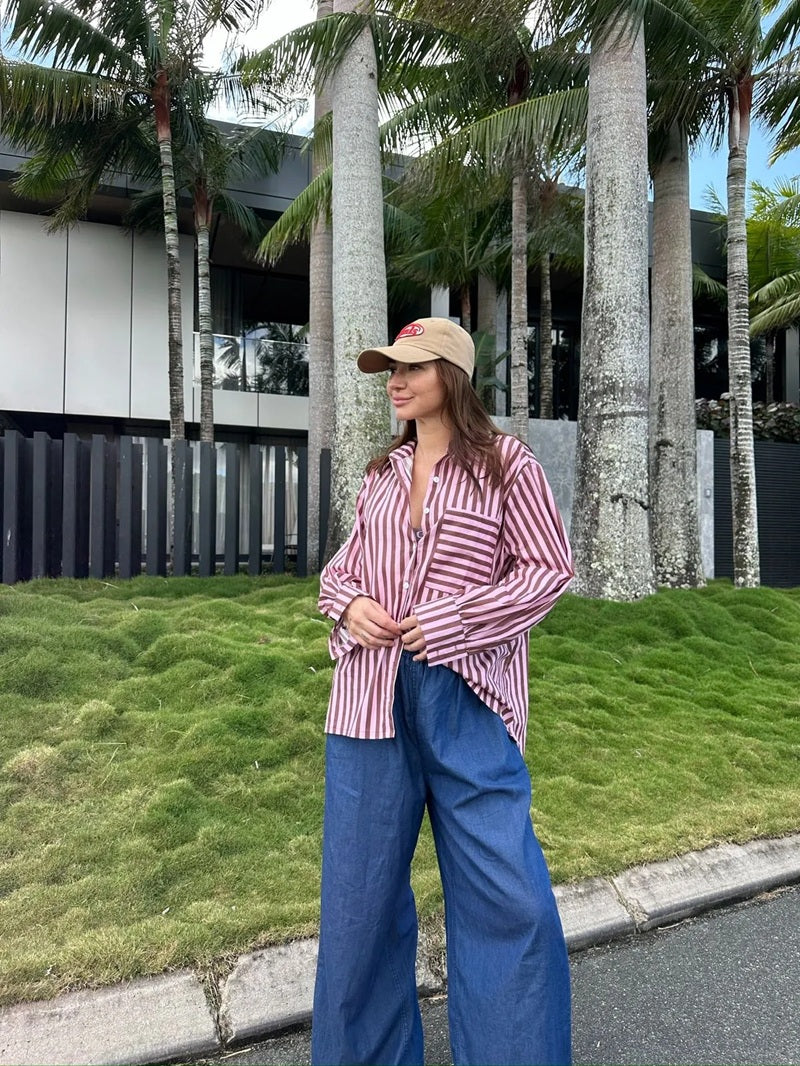 Oversized Cotton Shirt - Chocolate Stripes
