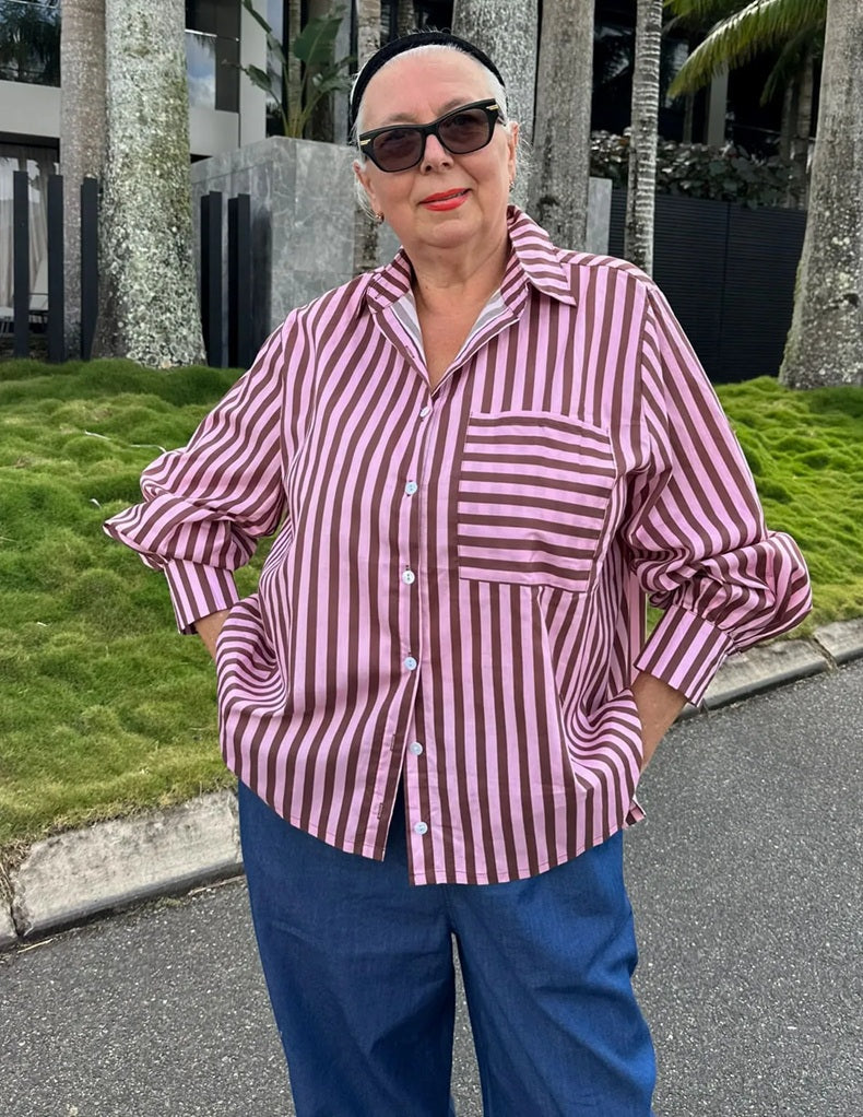Oversized Cotton Shirt - Chocolate Stripes