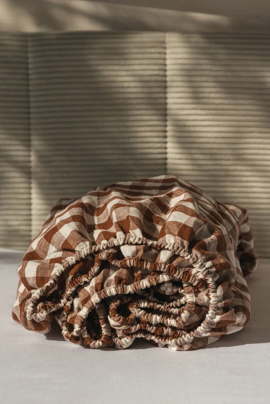 Mocha Gingham Linen Fitted Sheet | Made in Europe