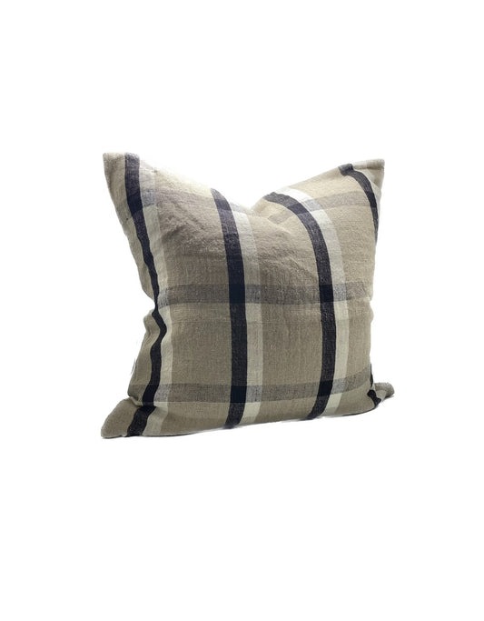 A square-shaped cushion cover with a striped pattern in natural color tones, showcasing a linen and cotton blend material.