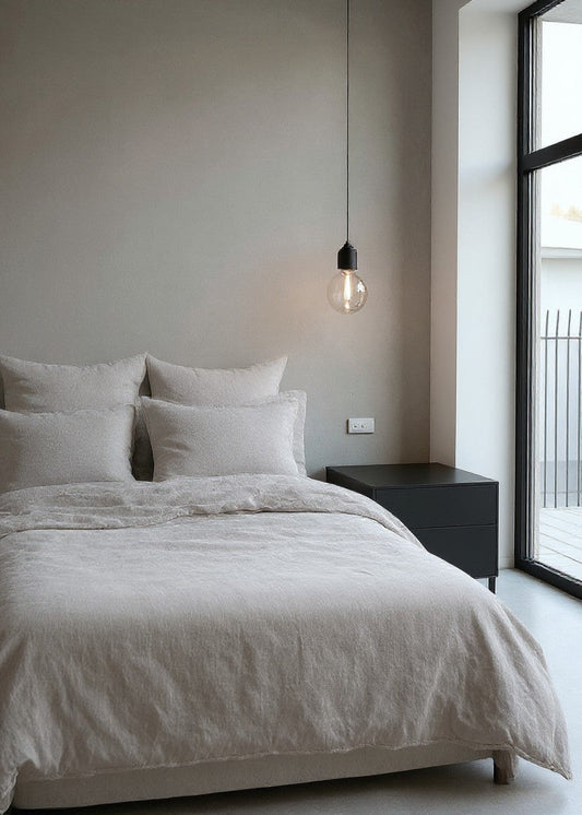 Modern bedroom with a bed, nightstand, and pendant light.