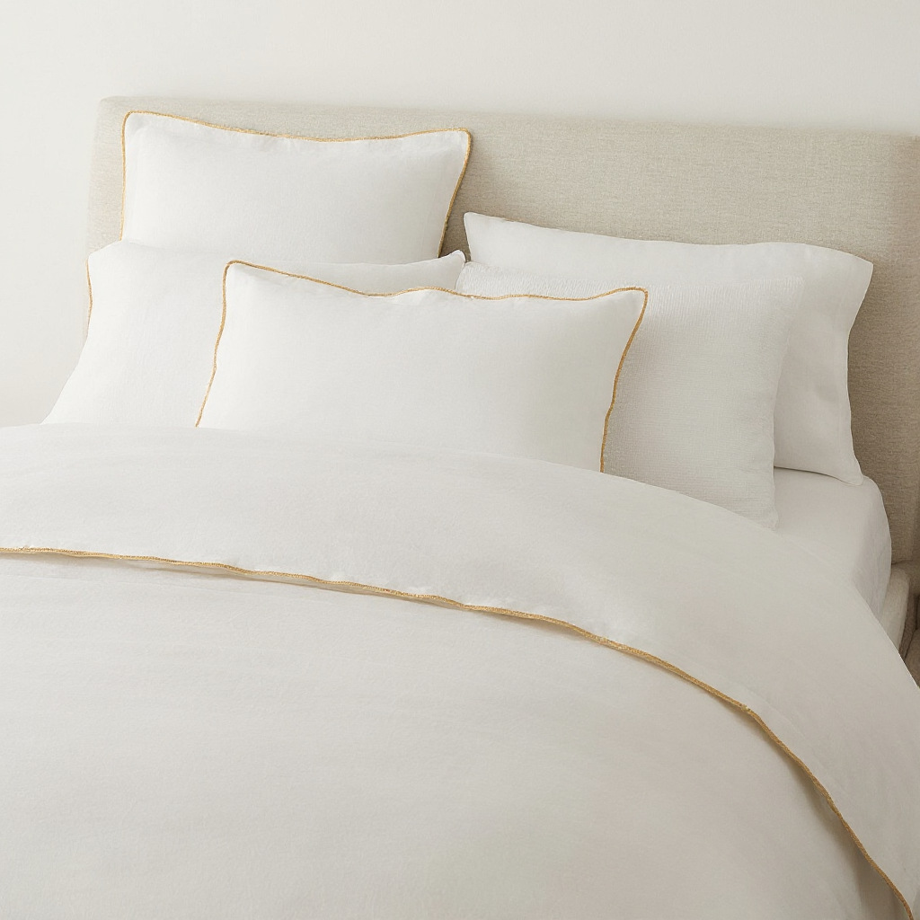 Sable Edge Linen Duvet Cover - White with Gold border