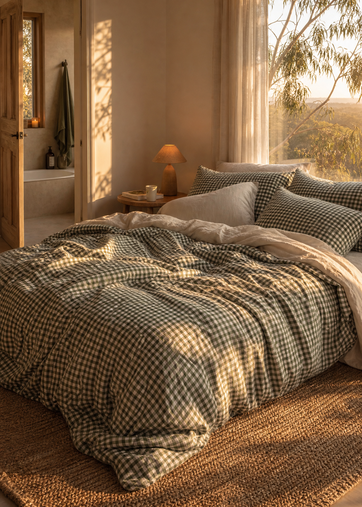 Bedroom with a large bed covered in checkered duvet, natural light coming through a window.