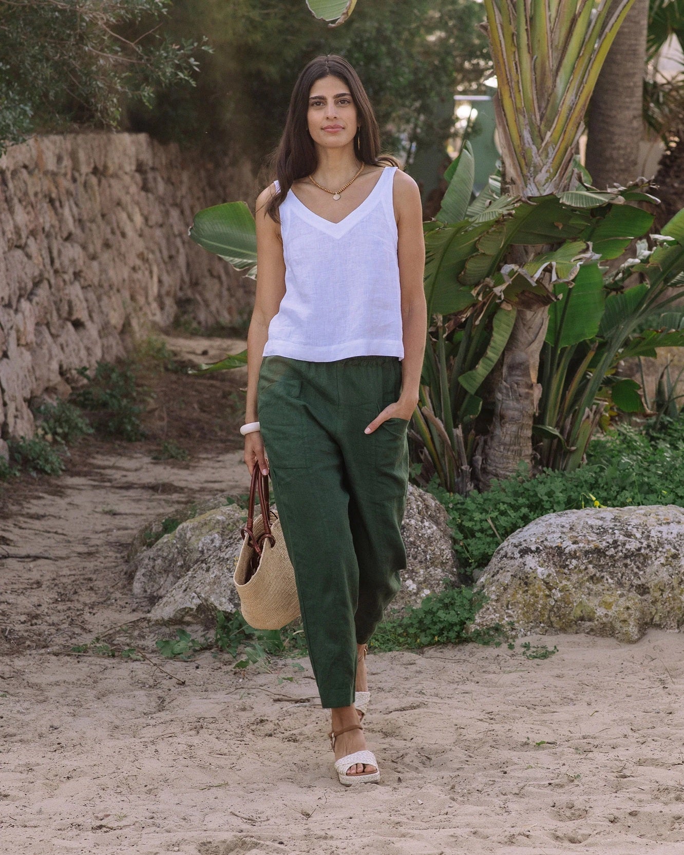 Sardinia Drawstring Linen Pants – Deep Green