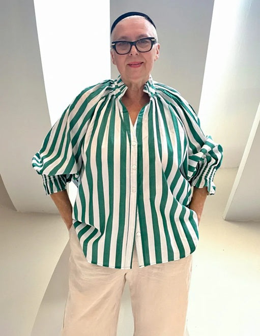 Oversized Cotton Shirt - Green Stripes