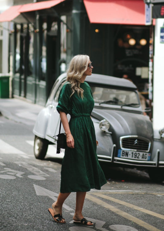 Gathered waist Linen Dress | Green