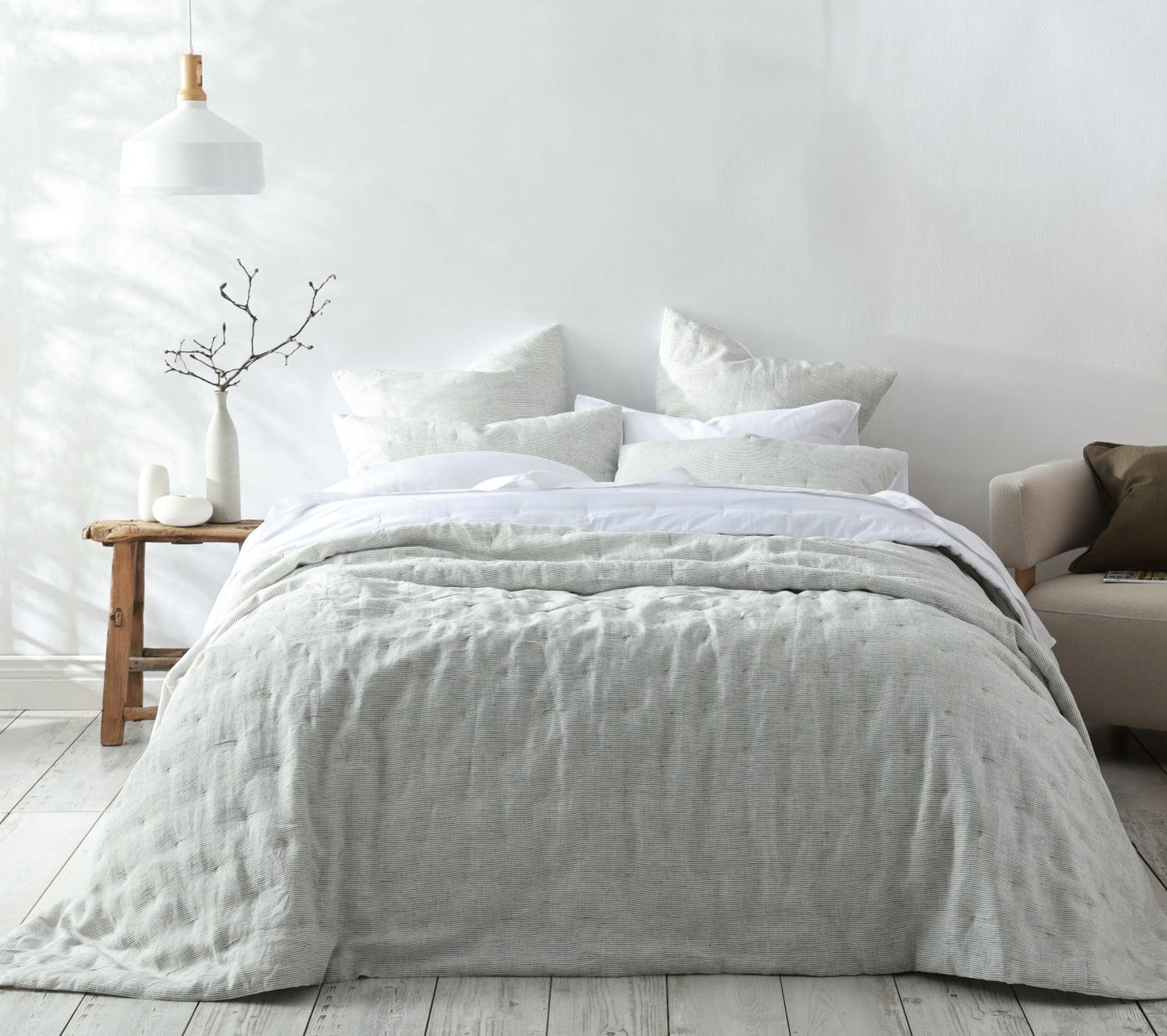 Linen Quilted Bed Cover - Black and White Pinstripe