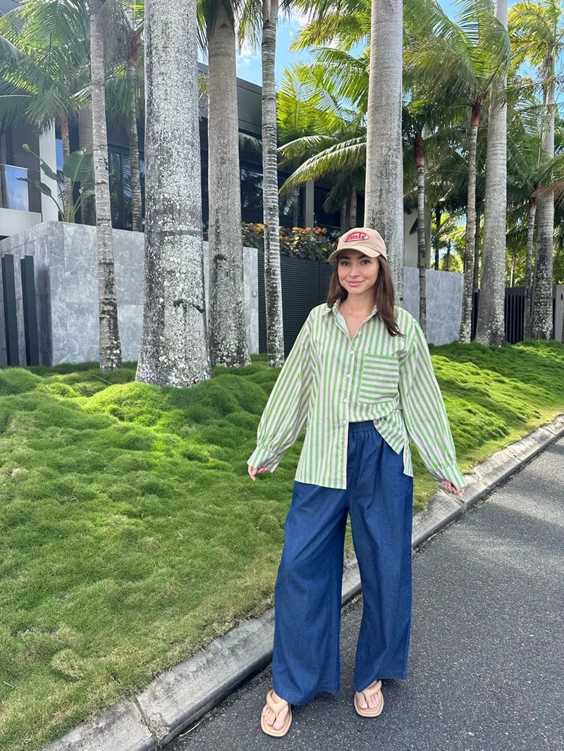 Oversized Cotton Shirt - Lime Stripes