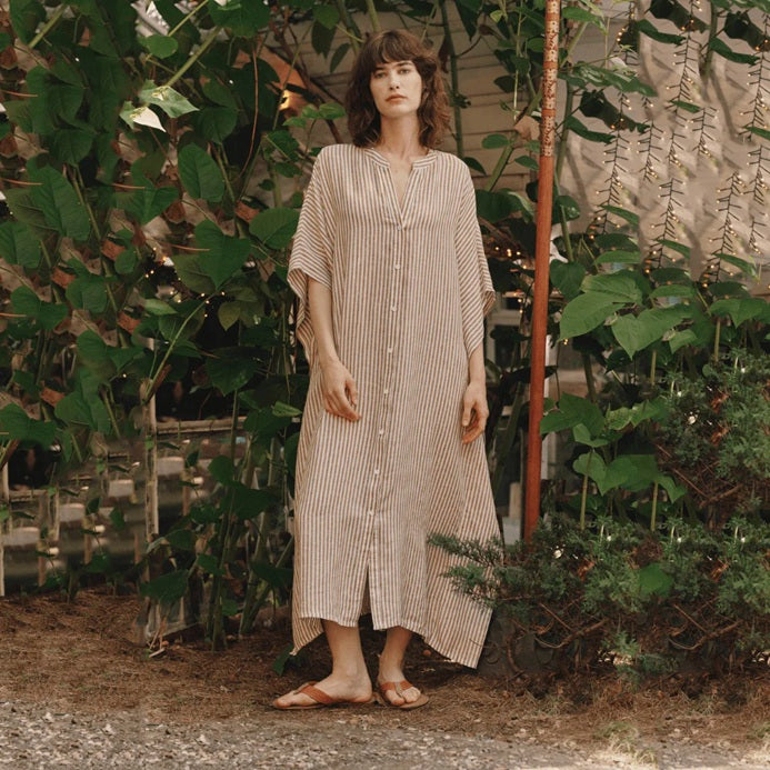 Linen Beach Dress - Bronze & White Stripe