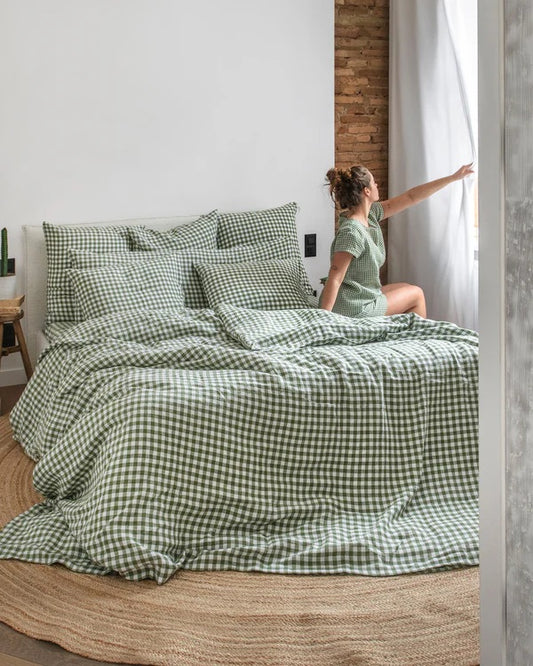Luxury Linen Sheet Set | Forest Green Gingham