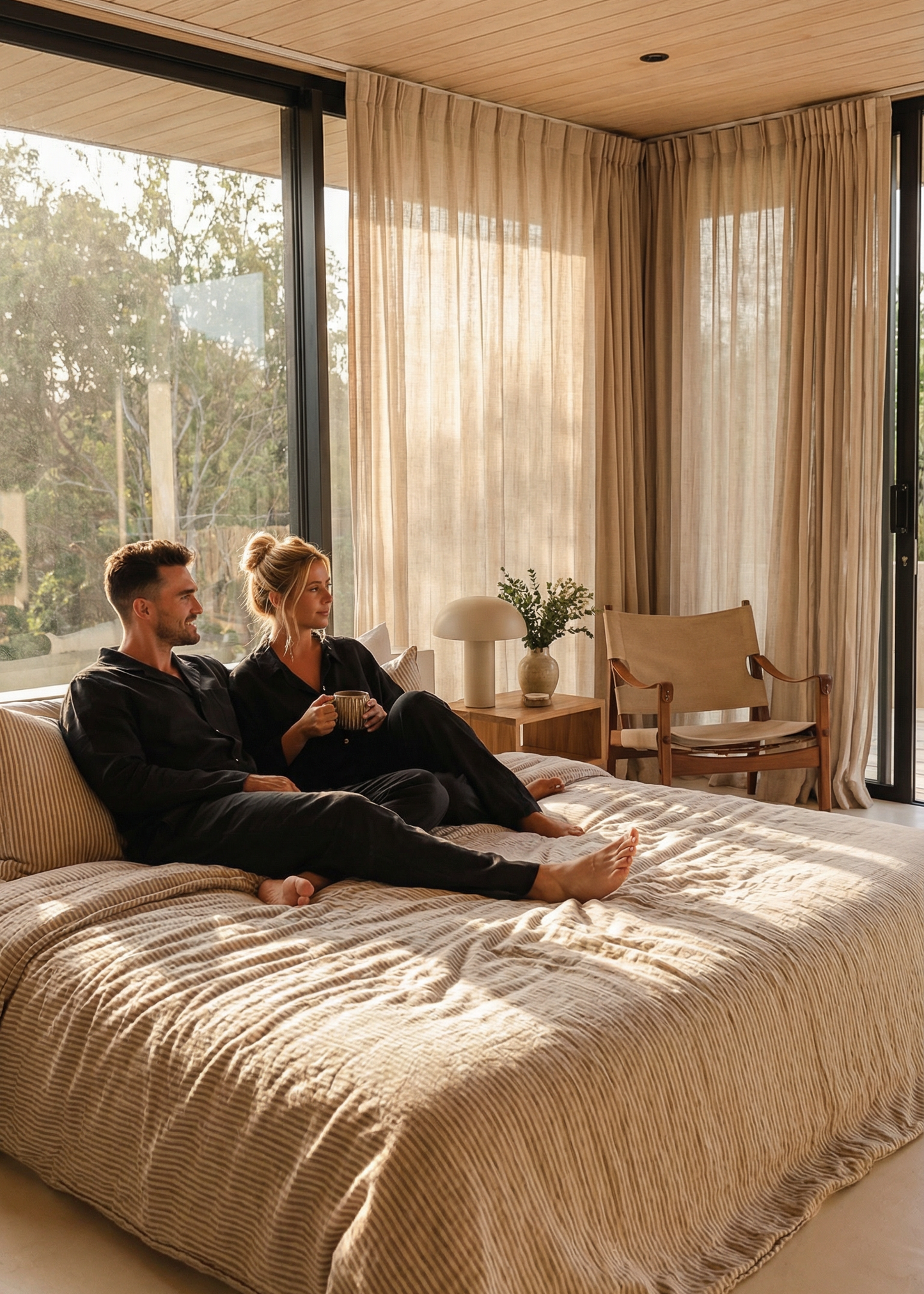 Two people sitting on a bed in a modern room with large windows.