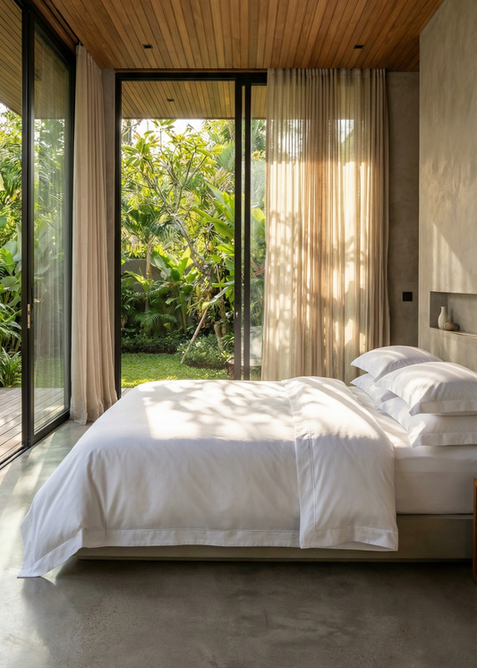 Modern bedroom with large windows overlooking greenery