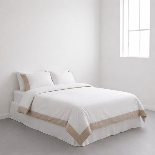 Ruben Cotton Percale Duvet Set | White & Taupe Border