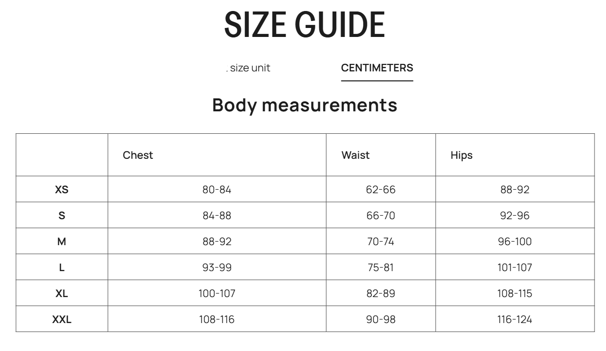 Size guide chart for clothing measurements in centimeters