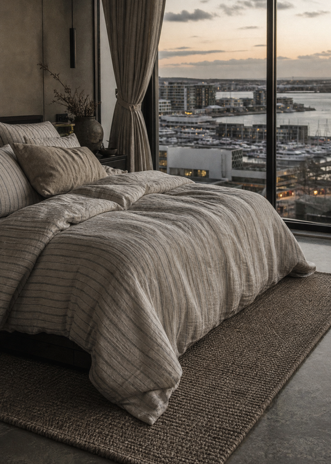 Bedroom with large windows offering a cityscape view during sunset.