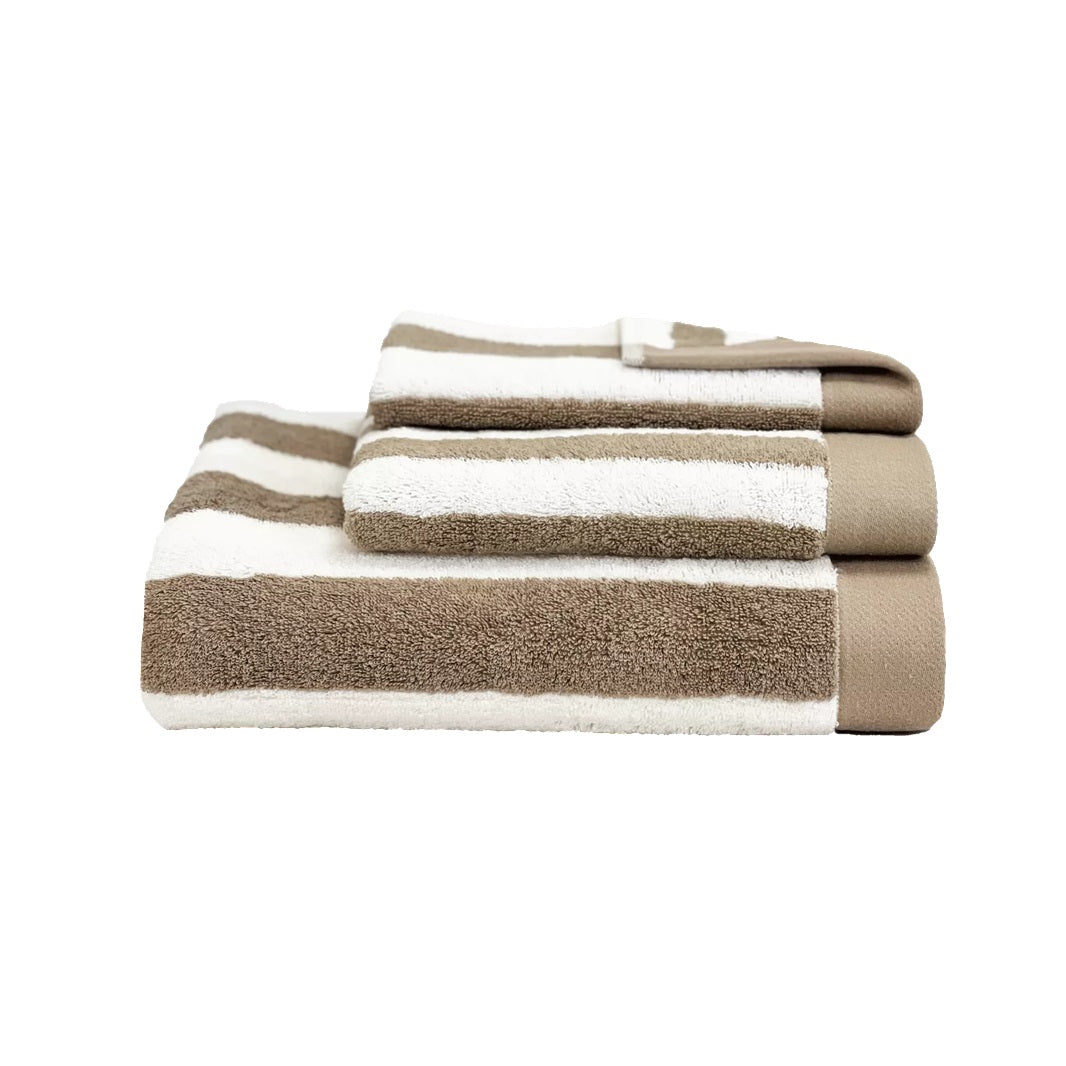 Three folded striped towels in brown and off-white, arranged in a stack on a plain white background.