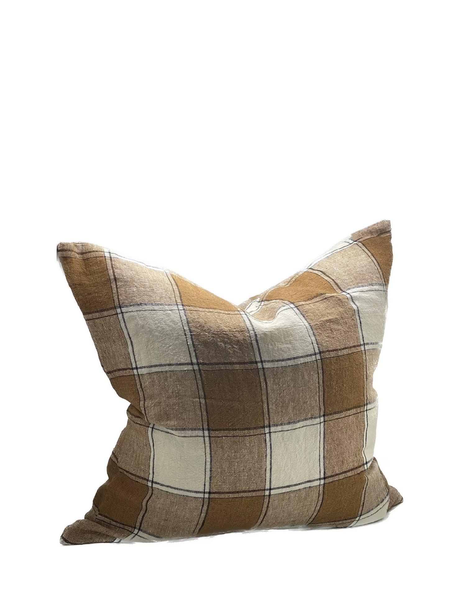 Plaid pillow with brown and beige colors on a white background
