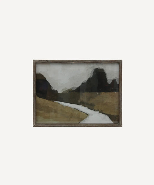 A framed glass-encased print of a tranquil landscape with subdued green, brown, and cream colors, depicting a rural scene.