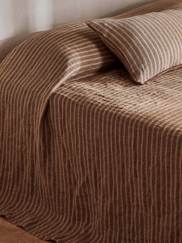 Pure Linen Bedcover | Toffee Stripe