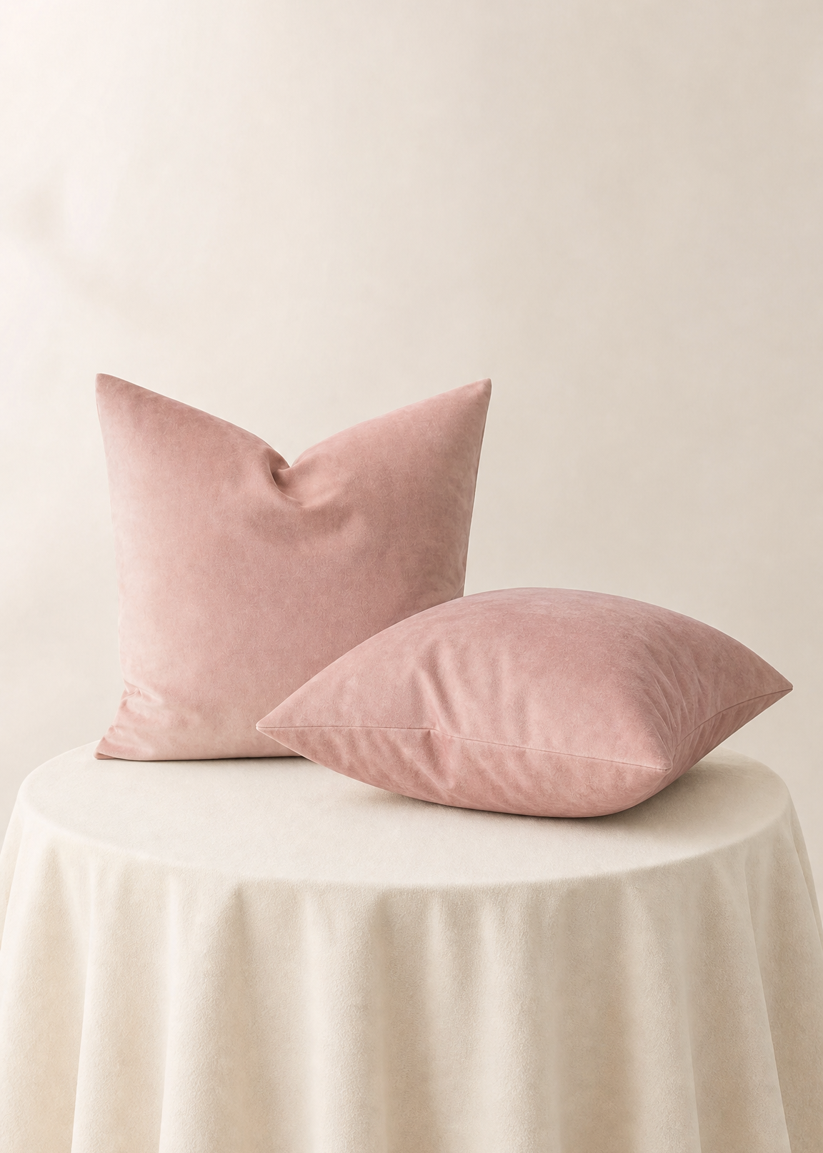 Two dusty pink velvet throw pillows resting on a round table draped with a cream-colored tablecloth against a soft beige background.