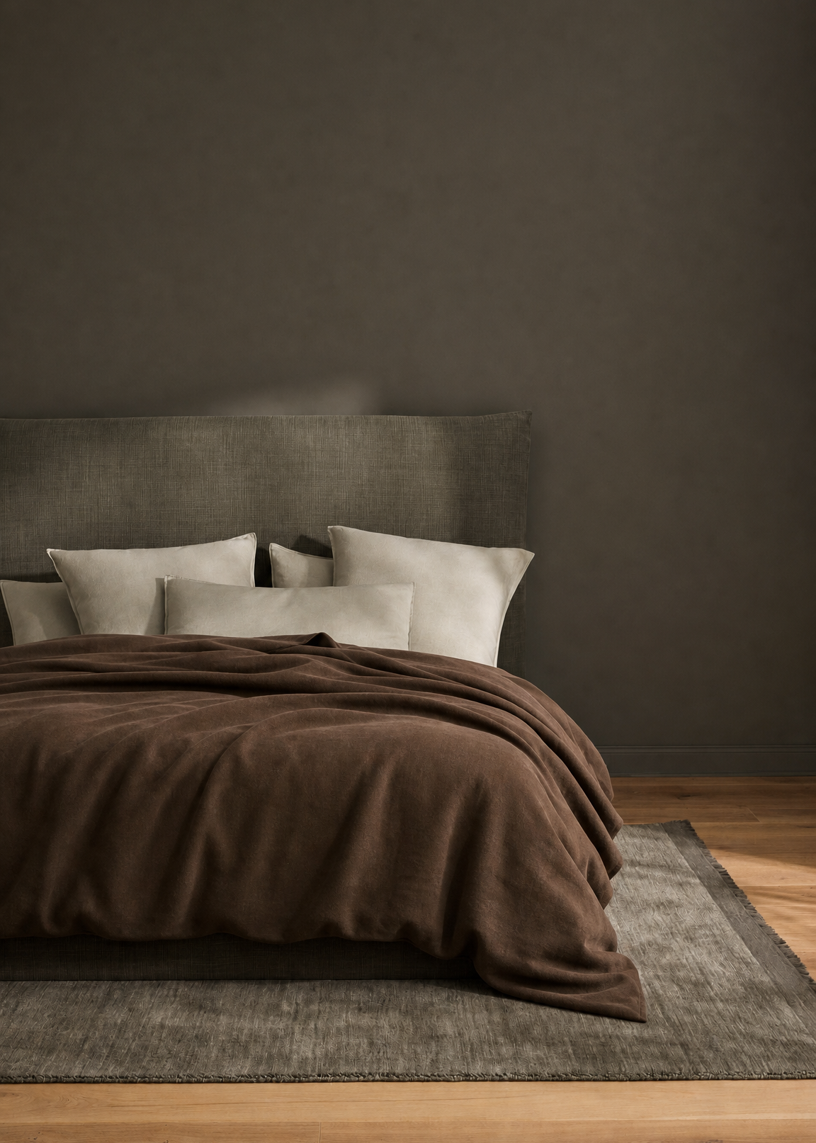 Bed with brown bedding and gray pillows against a dark brown wall.