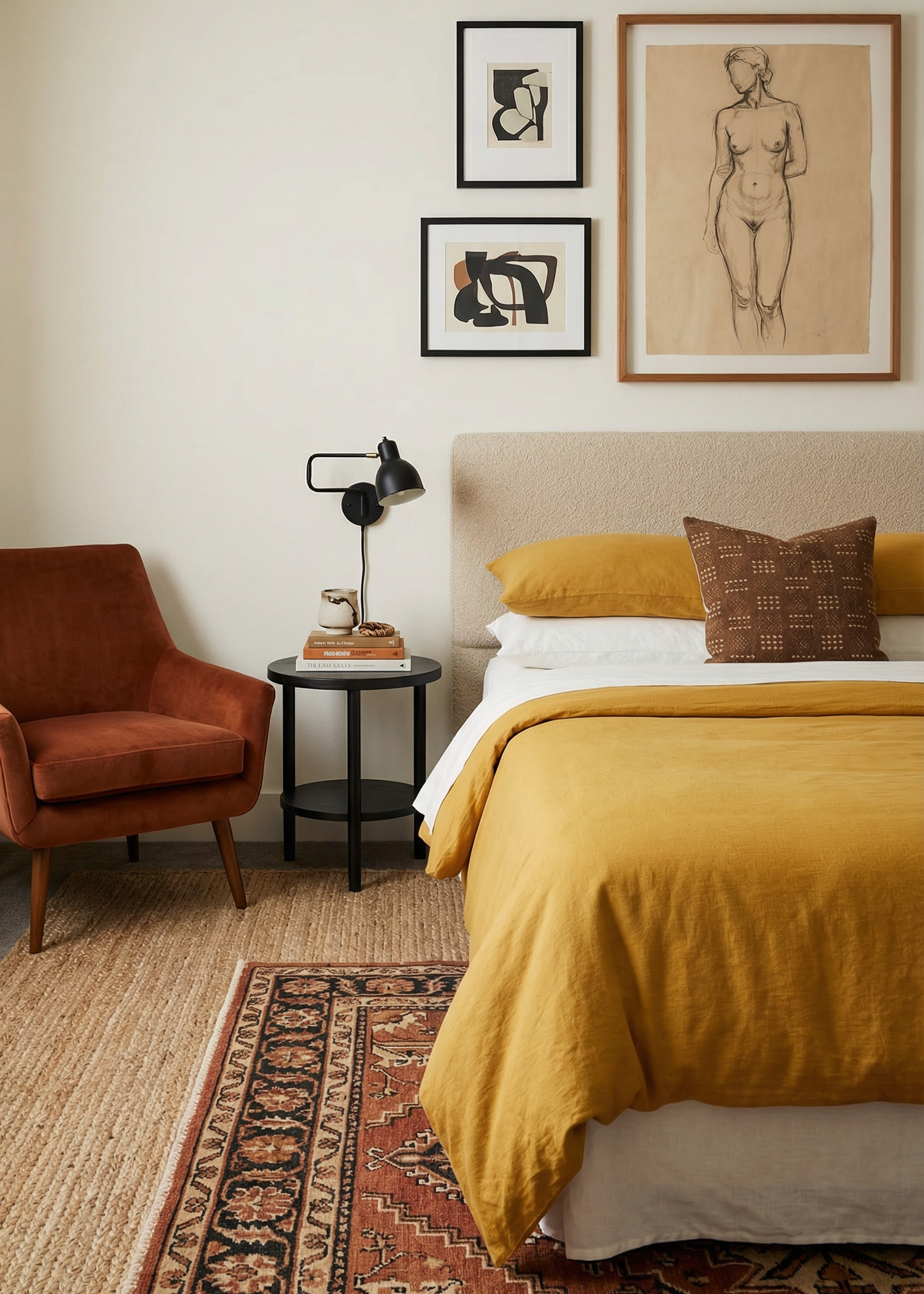 Cozy bedroom with yellow bedding, brown armchair, and framed artwork on the wall.