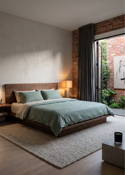 Modern bedroom with wooden bed, green bedding, and brick wall.