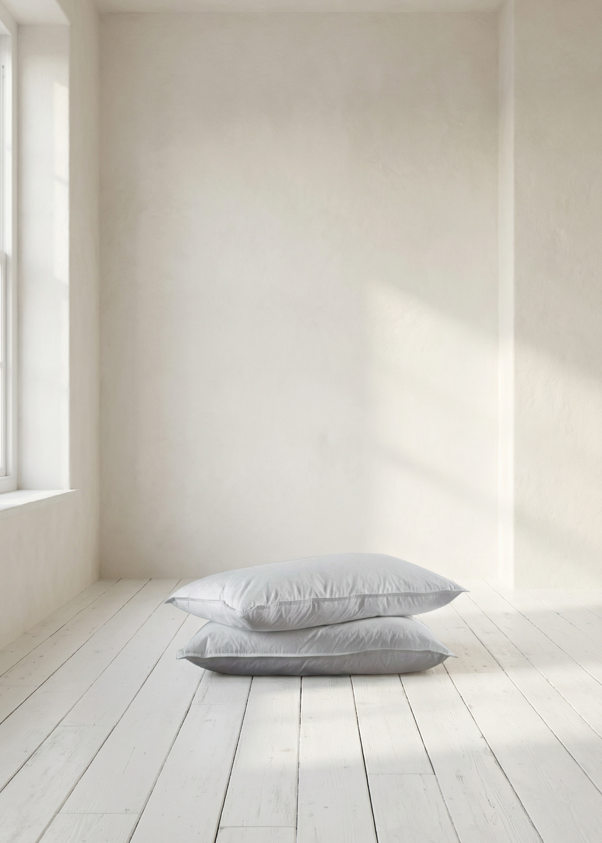 Two gray pillows stacked on a white wooden floor with a white wall background