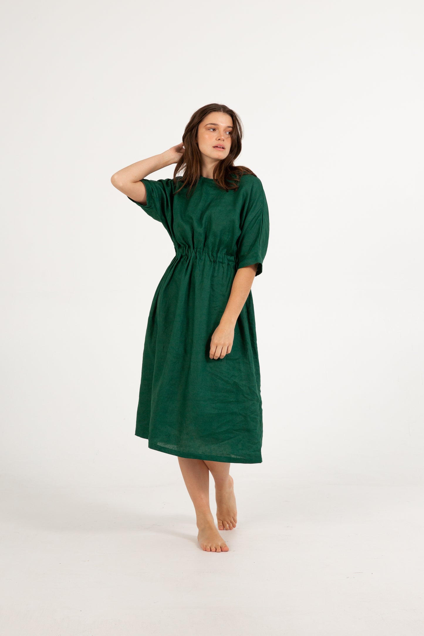 Gathered waist Linen Dress | Green