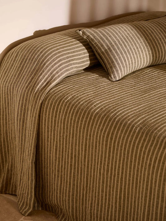 Pure Linen Bedcover |  Khaki Stripe