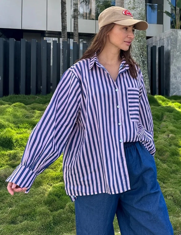 Oversized Cotton Shirt - Navy Stripes
