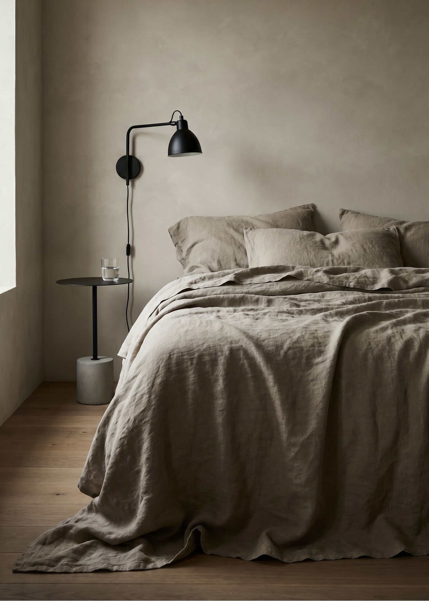 A minimalist bedroom scene featuring a bed dressed in textured beige linen bedding, styled with matching pillows. A black wall-mounted lamp and a small side table sit beside the bed against a warm, plaster-textured beige wall.