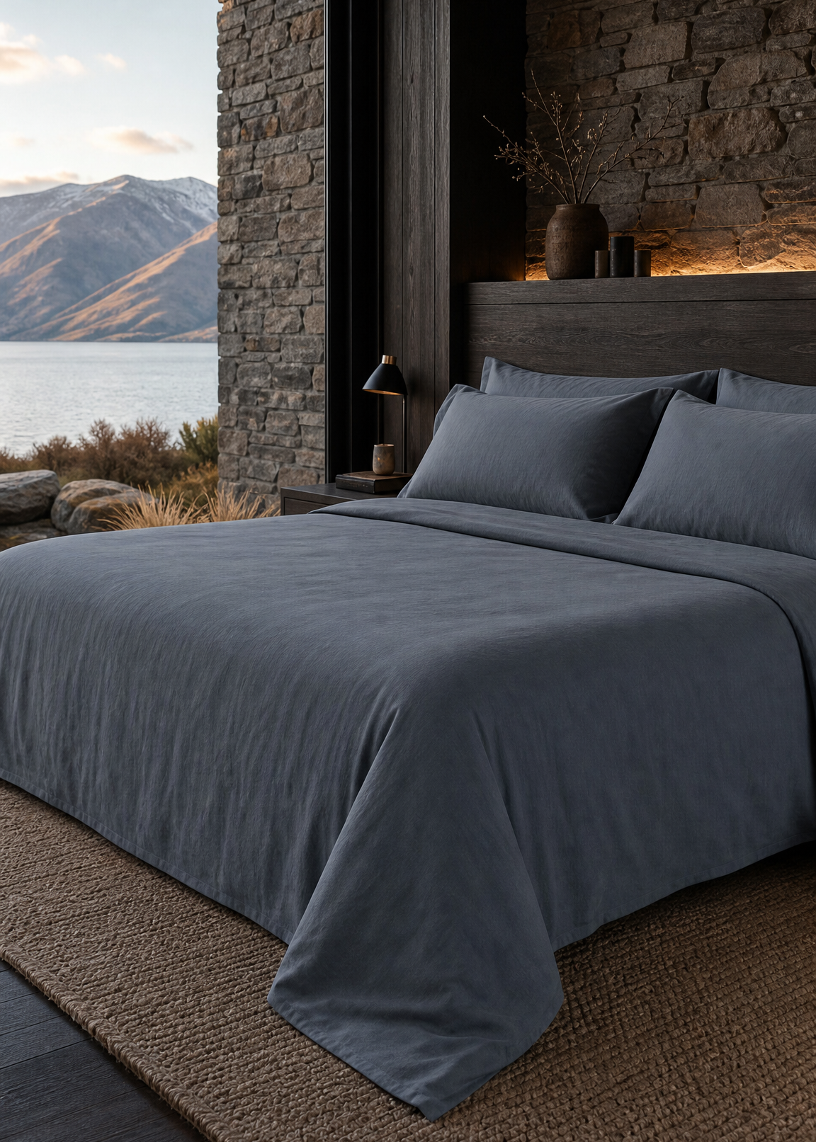 Modern bedroom with stone wall, large window, and scenic view of mountains and lake.