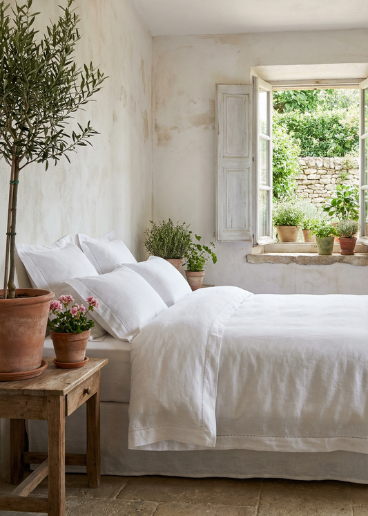 Cozy bedroom with white bedding, potted plants, and a wooden side table.