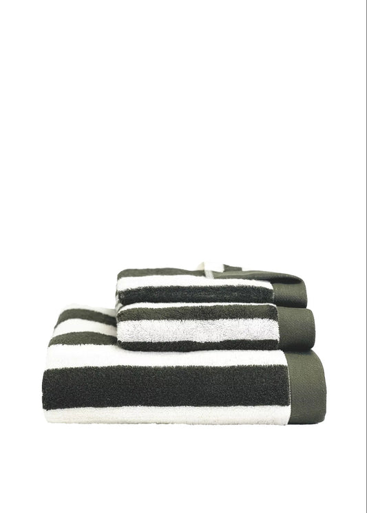 A set of three folded striped towels in dark green and white, arranged in a stack on a plain white background.