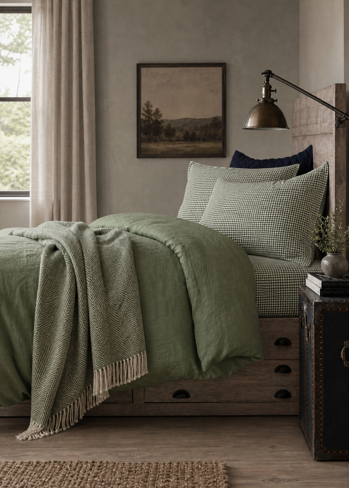 Cozy bedroom with green bedding and wooden furniture.