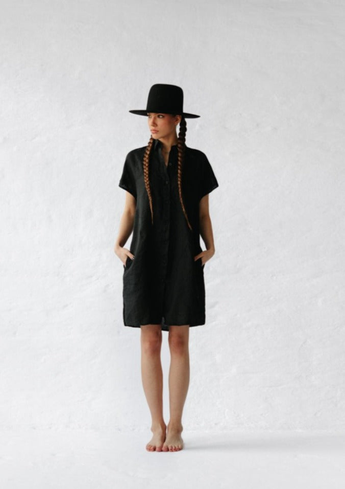 Short Linen shirt dress Black The Foxes Den