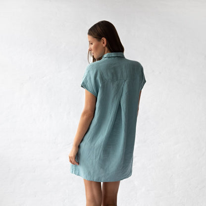 Short Linen shirt dress | Dusty Blue