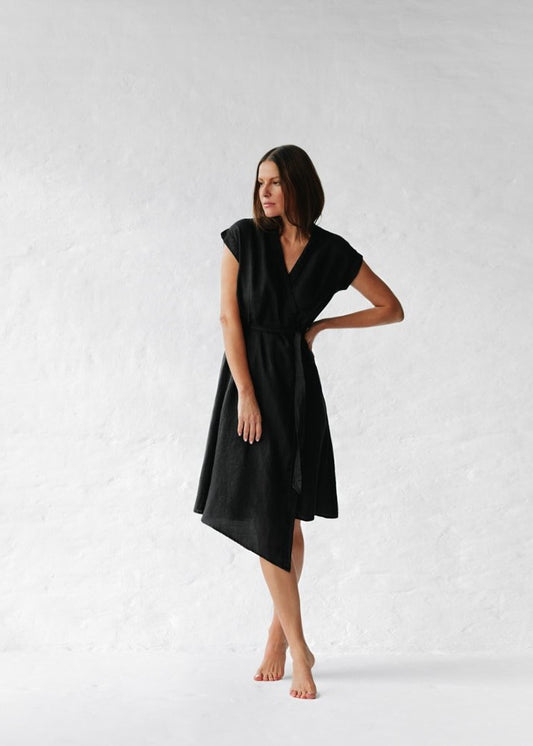 Wrap around Linen Dress | Black