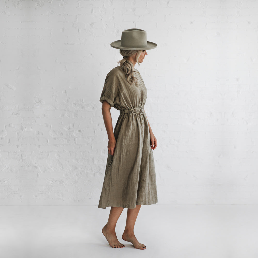 Gathered Waist Linen Dress | Beige