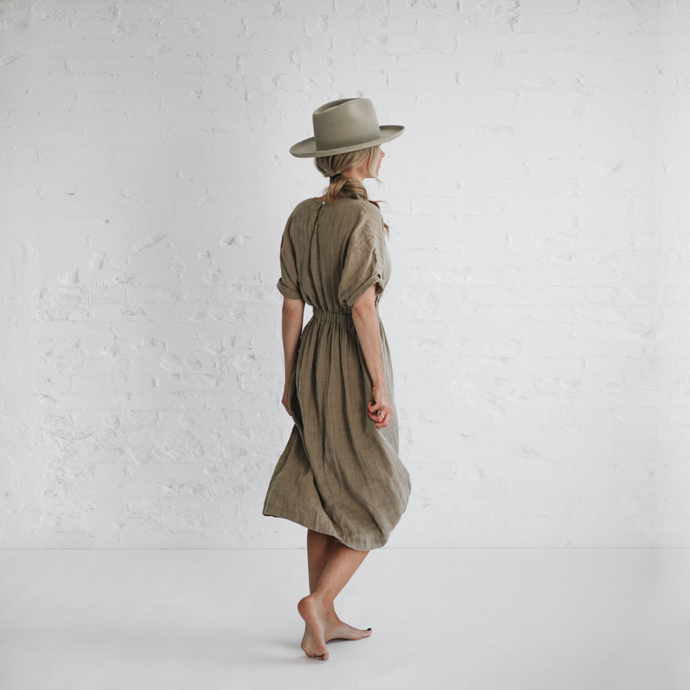 Gathered Waist Linen Dress | Beige