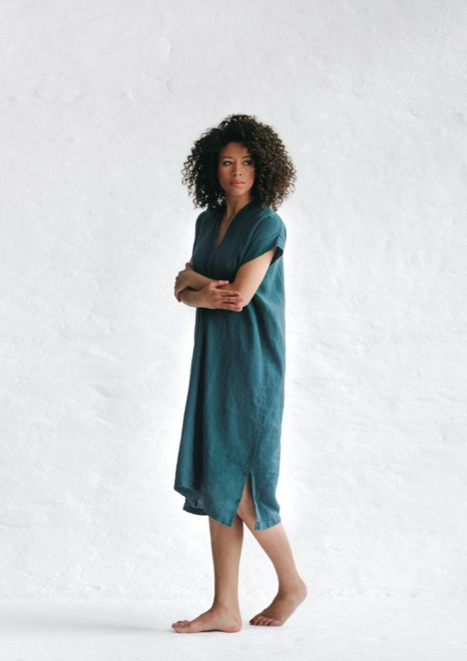 V Neck Linen Dress | Teal