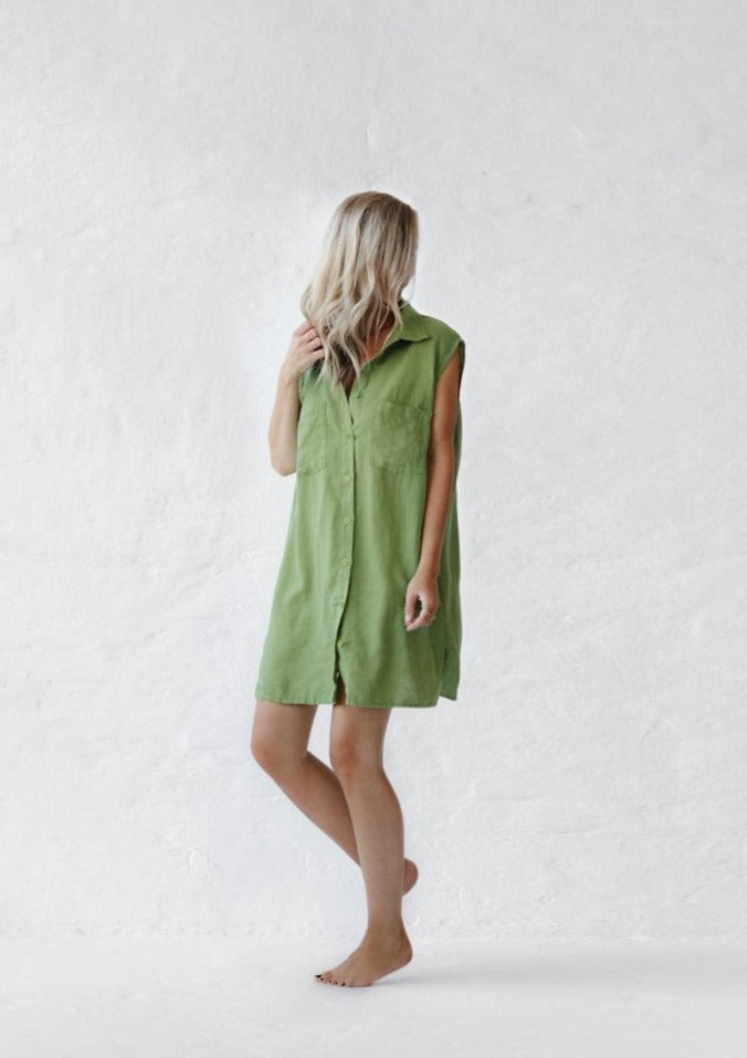 Sleeveless Linen Shirt Dress | Pea Green