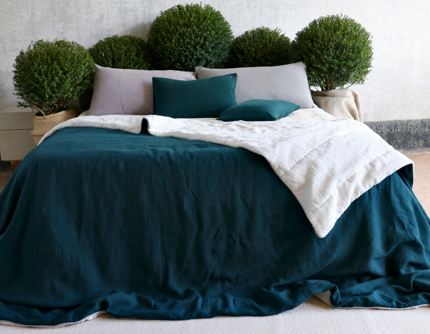 Linen Bed Cover | Forest & White | Made in Italy